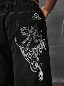 ROMWE Grunge Punk Jeans rectos de talla grande para mujer, extra largos, con lavado desgastado, estampado de cruz y vid, estilo punk - Negro - Ver 2