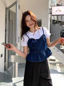 DAZY Women's Spaghetti Strap Denim Top With Ruffle Trim - Blue - View 3