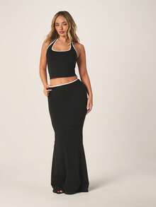 MISSGUIDED Bộ đồ hai mảnh dành cho nữ: áo croptop cổ yếm và chân váy maxi cạp cao, điểm nhấn viền trắng tương phản. - màu đen - Xem 5