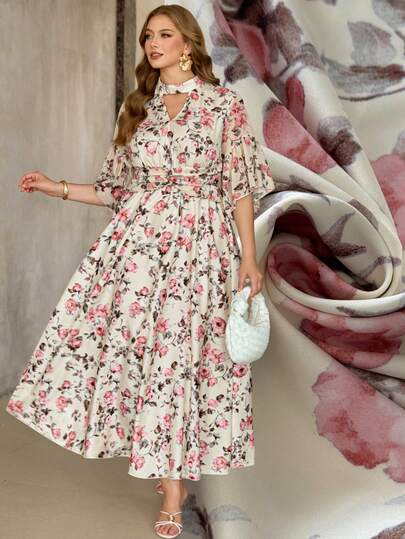 Roveilla 大码V领荷叶袖收腰印花度假长裙，春夏款