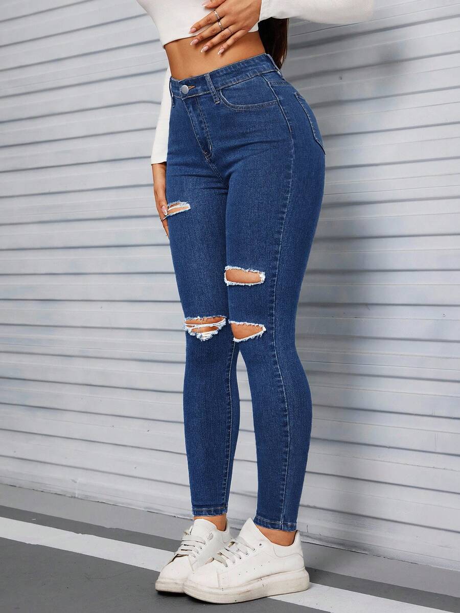 SHEIN EZwear Black Slant Pocket Ripped Skinny Jeans - Medium Wash - View 1