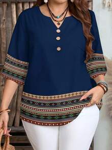 EMERY ROSE Plus Size Women Casual Striped Patchwork Short Sleeve Shirt, Suitable For Summer - Multicolor - View 1