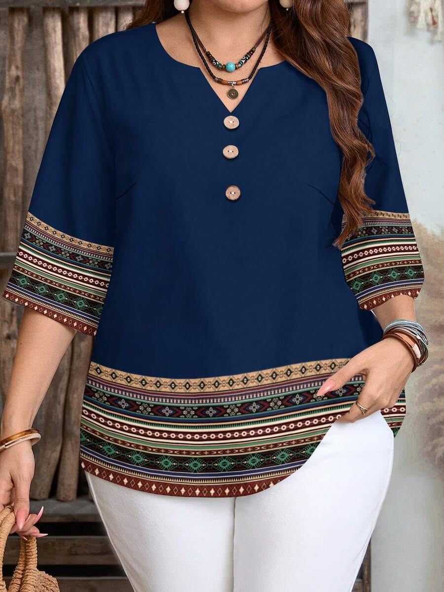EMERY ROSE Plus Size Women Casual Striped Patchwork Short Sleeve Shirt, Suitable For Summer - Multicolor - View 1