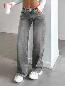 EURMUSE 100%Cotton Women's Low Waist Wide Leg Jeans With Pockets - Grey - View 7