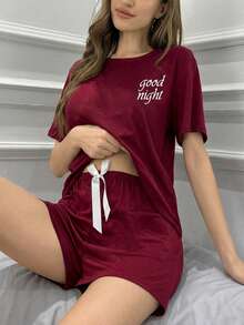 Conjunto De Pijama Con Pantalones Cortos Y Camiseta De Manga Corta Con Estampado De Slogan - Vino V - Ver 2