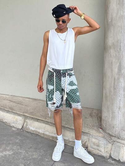 Ngobest Haus Ngobest Haus Shorts vaqueros holgados de algodón para hombres con bordes deshilachados y descosidos