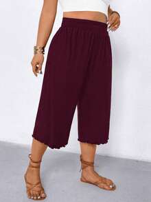 Linhara CURVE Plus Size Women Casual Ruffle Hem Wide Leg Capri Pants - Burgundy - View 7