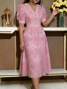 Modelyn V-Neck Embroidered Petal Sleeve Pink Dress - Pink - View 7