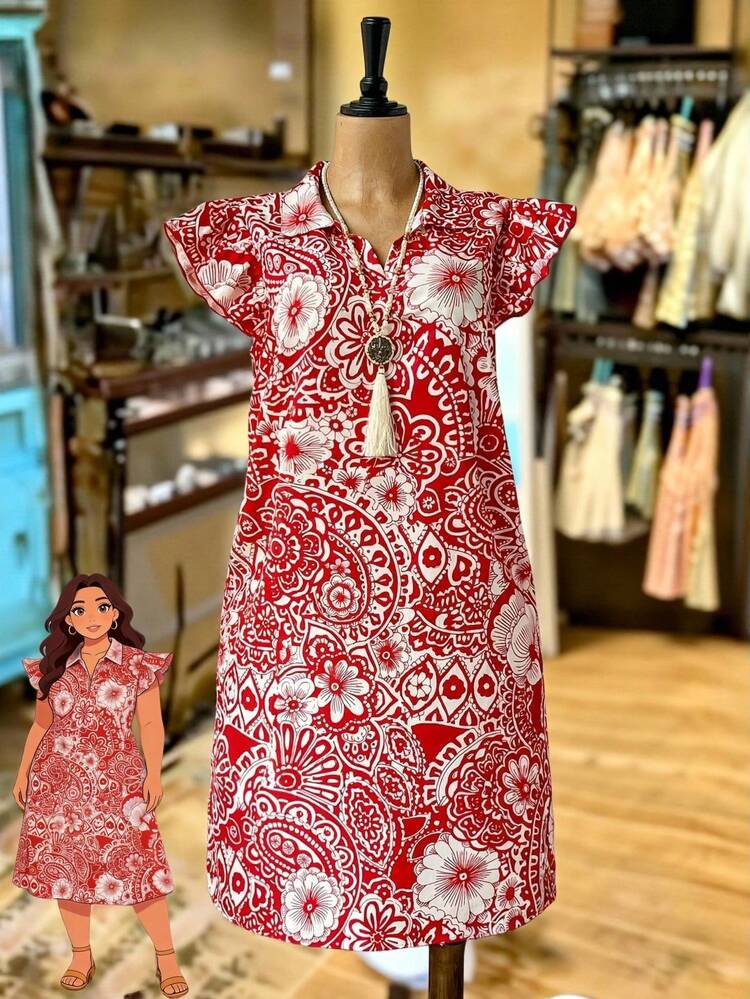 Plus Size Women Floral Print Loose Casual Dress With Flutter Sleeves For Summer/Flower/ Vacation Summer Dress  Summer Outfits Summer Clothes Spring Dress Spring Outfit Women Spring Clothing Country Style For Women Country Dress For Women