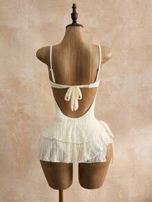 Bellisia Women's Solid Color Lace Backless One-Piece Swimsuit Cover-Up & Skirt Set For Beach Vacation White Corset Dress Bustier Dress Babydoll Tops Woman White Corset Tops Vintage Bathing Suit Corset White Dress Cream Outfit Women White Corset Tops For Women Corset Outfit Summer Dress Corset Corset Set With Skirt Wedding Guest Dress Corset - Apricot - View 2