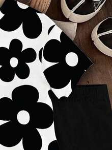 SHEIN Vintaside Kids 一套女婴休闲可爱碎花短袖圆领T恤和短裤套装，适合外出和度假，春夏季穿着。 - 彩色 - 查看 4