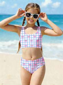冰淇淋蓝粉色，少女粉色蝴蝶结，蓝色格子印花少女休闲简约吊带泳衣套装，适合夏季海滩、泳池、海边度假 - 彩色 - 查看 1