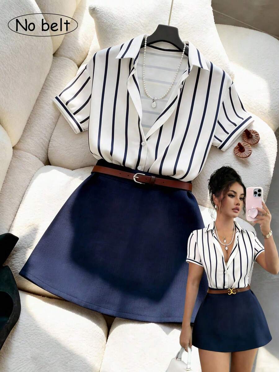 GlowEve 女士休闲通勤条纹开衫衬衫和高腰A字裙两件套，春夏款 - 藏蓝色 - 查看 1