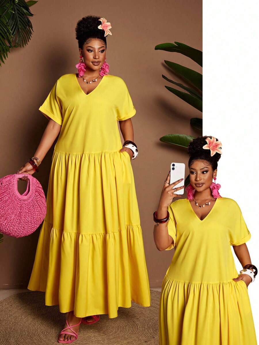 Maweii Đầm dài nữ cỡ lớn màu vàng cổ chữ V tay ngắn dáng chữ A, thích hợp cho đi làm, du lịch, nghỉ dưỡng, thiết kế tối giản, thanh lịch, mặc hàng ngày. - Màu vàng - Xem 1