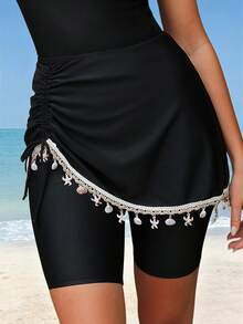 Swim Mulvari Women's New Black 2 Pieces Swimsuit Set, Modest Shorts And Fashionable Ruched Mini Skirt Bottom - Black - View 5