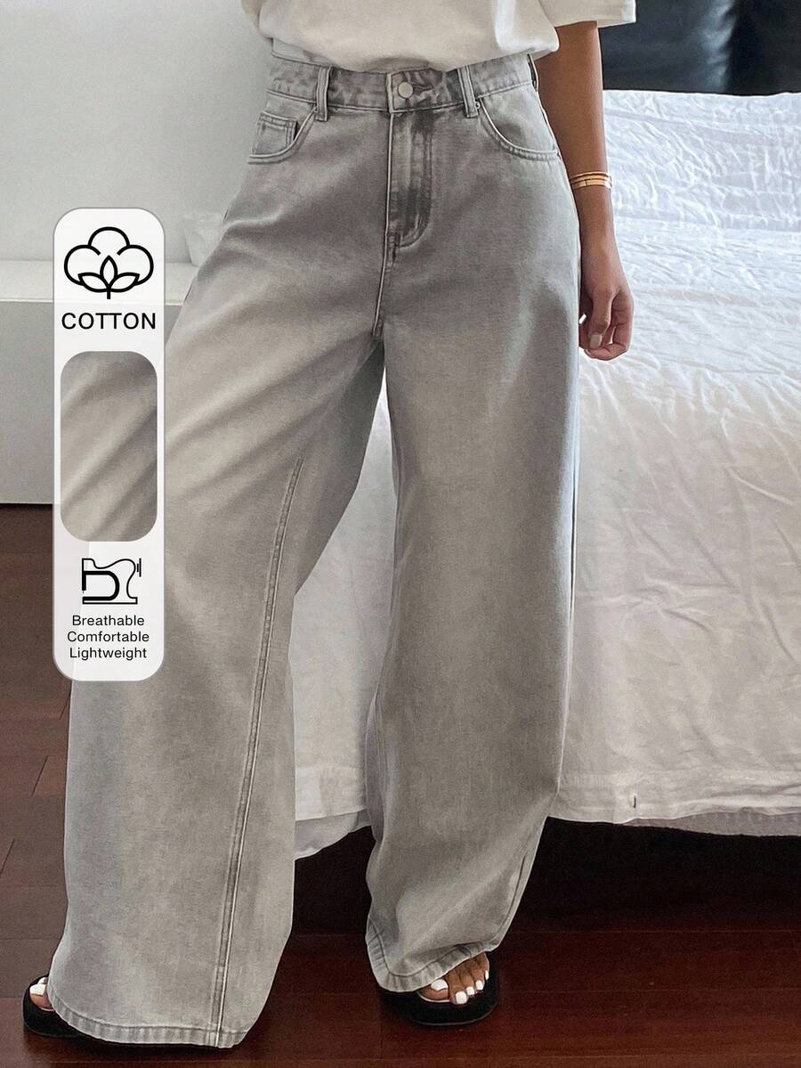 DAZY 女士水洗韩式百搭口袋纽扣喇叭裤 - 灰色 - 查看 1