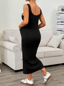 SHEIN Vestido de maternidad de verano casual de unicolor con botones delanteros, sin mangas y ajustado - Negro - Ver 2