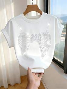 Franclia French-Style Rhinestone White T-Shirt,Short-Sleeved Elegant Loose Fashion Top,White And Silver,Summer,Effortless Chic,Party,Cute Outdoor Versatile Tee - White - View 1