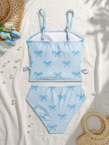 SHEIN Tween Girl 2 Pieces Tankini Set,Blue White Striped Bow Decor Camisole Swimwear,Cute Summer Holiday Beach Bathing Suits For Pool Party,Spring Summer - Baby Blue - View 2
