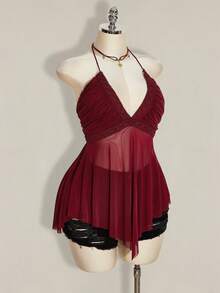 SHEIN ICON 大码交叉吊带不对称网纱拼接女式背心 - 玫瑰紅 - 查看 6
