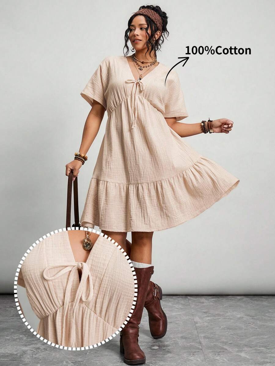 SHEIN LUNE V领系带蝴蝶结露肩褶皱腰部荷叶边下摆A字伞裙,双层绉纱纹理100%纯棉休闲宽松优雅通勤度假连衣裙,音乐节短袖连衣裙,夏季连衣裙,收腰连衣裙,薄纱连衣裙,短袖夏季连衣裙,亚麻连衣裙,夏季野餐连衣裙,米色孕妇连衣裙,荷叶边连衣裙,休闲连衣裙,女士度假连衣裙,宽松连衣裙,100%纯棉连衣裙,宽松连衣裙,短袖连衣裙,休闲短袖连衣裙,女士夏季服装,女士夏季连衣裙,女士休闲连衣裙 - 杏色 - 查看 1
