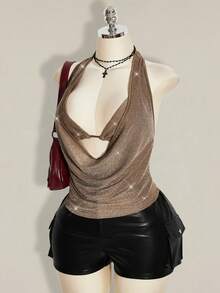 SHEIN ICON Bộ 2 món cỡ lớn dành cho mùa hè, đi biển, Hawaii, dự tiệc, dạ hội, hòa nhạc, câu lạc bộ, lấp lánh, hở lưng. - Màu Khaki - Xem 5