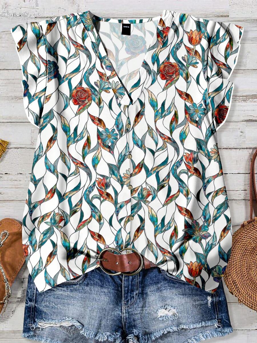 Rusticease 女士休闲印花衬衫，适合夏季穿着 - 彩色 - 查看 1