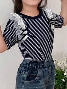Dazy Kids Young Girl Casual Striped Round Neck Short Sleeve T-Shirt, Summer - Navy Blue - View 8
