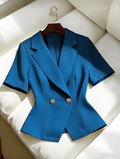 Franclia Pendling Modern Kavaj med Dubbelknäppt Krage, Kortärmad, Asymmetrisk Fåll, Affärsmässig Kavaj För Dam