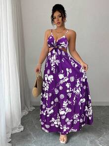 SHEIN Clasi 大码女式白色碎花收腰镂空蝴蝶结系带A字连衣裙，休闲通勤时尚优雅性感百搭浪漫甜蜜约会高端ins风法式街头复古海滩度假春夏新款紫色吊带中长连衣裙 - 彩色 - 查看 4