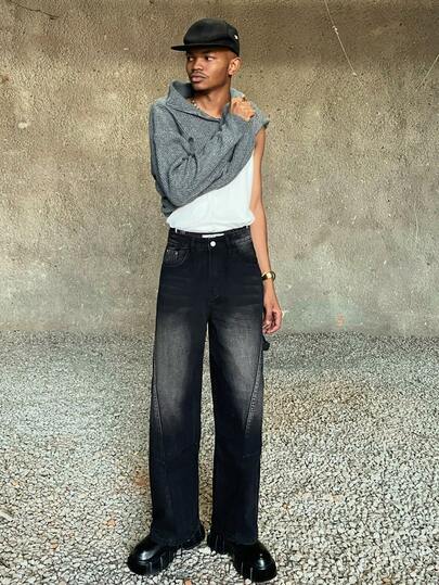 Ngobest Haus Ngobest Haus Hearty Haven 1件装复古美式高街刺绣拼接休闲男士宽松阔腿牛仔裤，做旧水洗，时尚百搭牛仔裤（不含腰带和配饰）