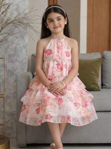 Tween Girl Loose Elegant Halter Neck Sleeveless Ruffle Floral Print Chiffon Midi Dress Elegant  Wedding Outfits - Pink - View 5