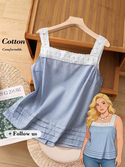 EMERY ROSE Camiseta de tirantes con encaje y rayas para mujer de talla grande