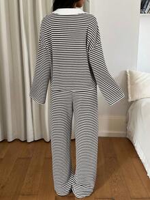 Siren Gaze 女士两件套宽松条纹V领落肩长袖T恤和松紧腰条纹裤，冬季毛衣套装，秋冬季 - 黑與白 - 查看 2