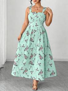 Elenzga 大码女士优雅印花吊带夏季连衣裙，情人节 - 綠色 - 查看 6