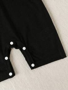 SHEIN Playful Pals 男婴撞色马图案Polo领连体衣和短裤套装，男婴服装，适合春夏穿着 - 黑色 - 查看 3