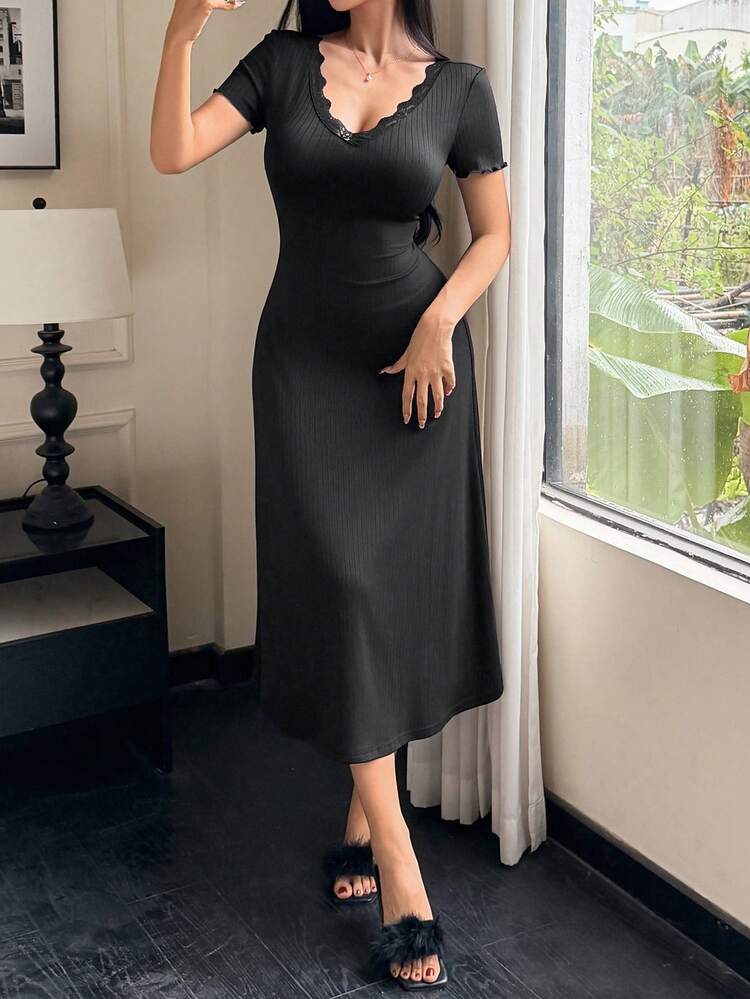 Lace Patchwork V-Neck Short Sleeve Waist Cinched Long Dress, Women Summer Nightgown