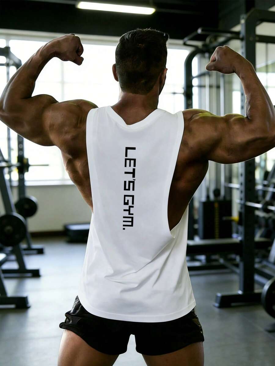 GymBeat 男友风格男士字母印花背心，健身，图案，运动服，纯色 - 白色 - 查看 1