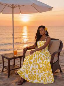 SHEIN Lady Women's Summer Vacation All-Over Print Waist Tie Dress - Multicolor - View 4