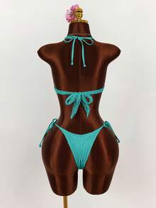 Amplova 3件套女士性感挂脖比基尼套装 - 上衣、下装和罩衫 - 水鴨藍 - 查看 7