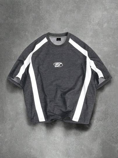 SUMWON Camiseta casual de cuello redondo para hombres con bloques de color y paneles laterales contrastantes de manga corta