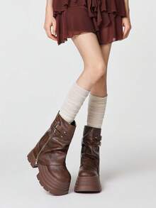 ROMWE Grunge Punk Botas de mujer estilo rock oscuro, punk, gótico, con puntera puntiaguda, botas de tobillo con cuña, suela gruesa, hebilla y correa, botas de montar de tobillo - Marrón - Ver 2