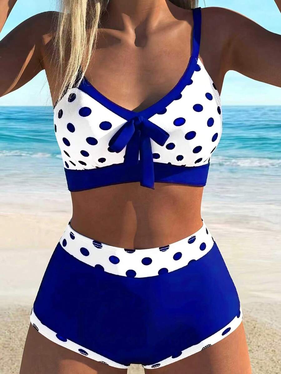 Swim Lushoire 2件套新款波点蝴蝶结露背露肩休闲派对沙滩比基尼泳装套装,女士夏季沙滩度假装 - 寶藍色 - 查看 1