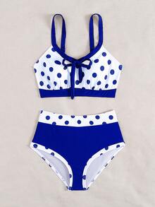 Swim Lushoire 2件套新款波点蝴蝶结露背露肩休闲派对沙滩比基尼泳装套装，女士夏季沙滩度假装 - 寶藍色 - 查看 3
