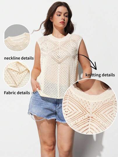 Maija Plus Size Women's Crochet Floral Sleeveless Tank Top, Geometric Pattern, Suitable For Beach Vacation, Minimalist Retro Style, Romantic, Fashionable, Versatile; Comfortable, Stylish, Elegant, Casual, Simple Daily Wear, Essential Item, Solid Color, Holiday Leisure, Appropriate, Single Lady, Elegant Business Casual Outerwear Top, Business Casual Silhouette Women Easter Summer Outfits Easter Dress Women Party Top Beach Dress Summer Holiday Outfits Each Vacation Outfits For Women  Summer Outfit For Women Going Out Outfits Graduation Graduation Outfit  Casual Dresses  Casual Blouses For Women Knit Top Women Crochet Tops For Women Summer Tops Women Knit Tops Eyelet Top For Women Seashell Top