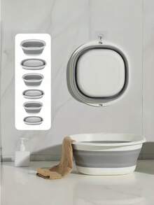 Three-Size Collapsible Basin – Portable Hand And Foot Bath Multi-Functional Plastic Bucket With Frame Rectangular Design, Durable Plastic Material, Including Mop Bucket, Suitable For Travel And Laundry Use, Foldable Basin, Portable Outdoor Travel Household Basin, Student Dormitory Basin For Washing Face And Feet, Washing Basin For Laundry. - Grey - View 7