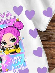 Cute Baby Girls' Summer Lavender T-Shirt Featuring Cartoon Character Prints&Heart Patchwork Design,Round Neck Short Sleeve Casual Tee - Multicolor - View 5