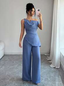SHEIN Elenzya New Summer Draped Neck Faux Linen Bamboo Knot Denim Blue 2 Pieces Set, Suitable For Travel And Photography, Elegant Deep Sea Blue Asymmetric Shoulder Top + High Waist Casual Pants - Blue - View 4