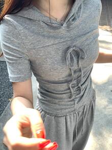 DAZY 女式韩版连帽纯色褶皱蝴蝶结抽绳短袖上衣和长裤两件套夏季 - 灰色 - 查看 5