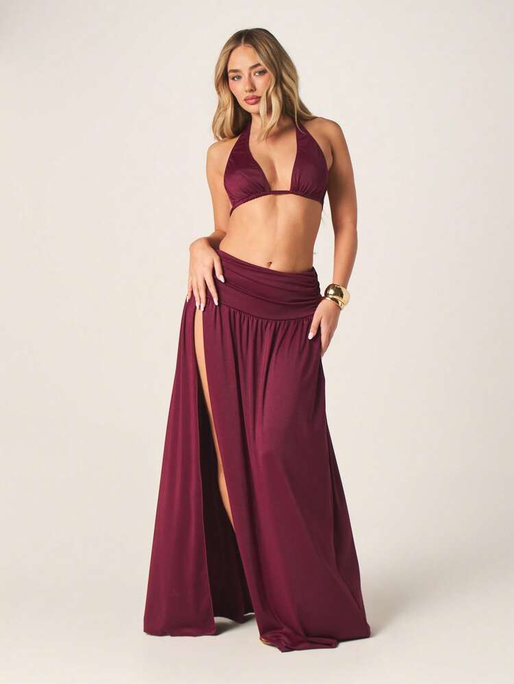 MISSGUIDED Beach Cover Up Crop Top And High Waisted Skirt Set With Halter Neckline And Side Slit For Summer Vacation Resort Wear